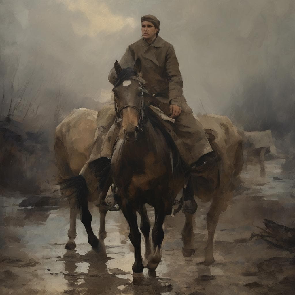 Στρατιώτης στη μοτοσυκλέτα με σκηνή που αποδίδει οπτική ερμηνεία της πραγματικότητας και του πολέμου.