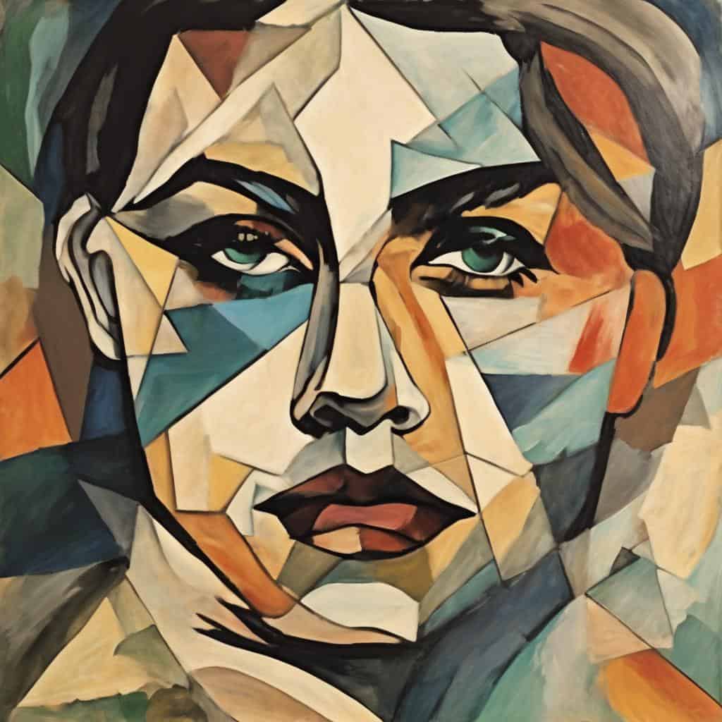 Ζωγραφική πορτρέτο με αφηρημένο στυλ και γεωμετρικά σχήματα, εμπνευσμένη από την οπτική ερμηνεία της πραγματικότητας.