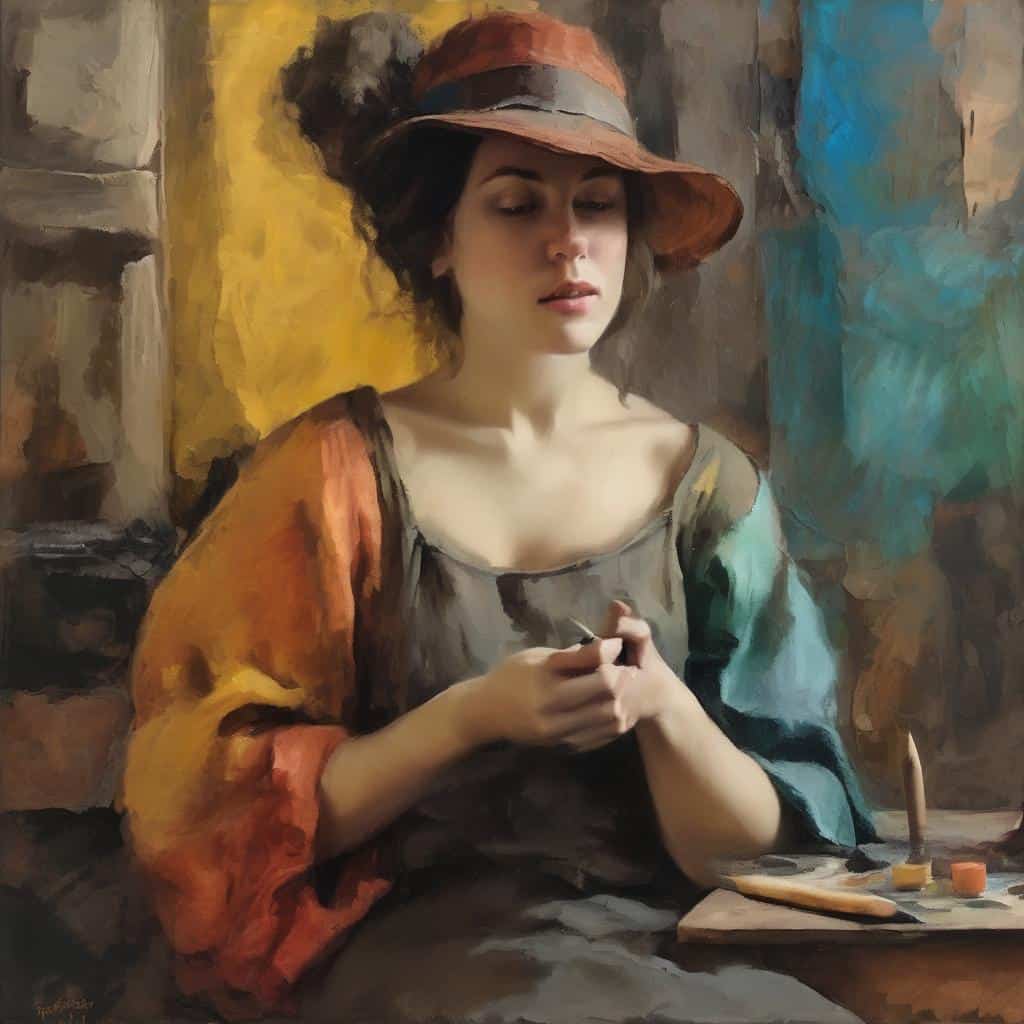 Ανθρώπινη γυναίκα με καπέλο ζωγραφική, εικασία για την οπτική ερμηνεία της πραγματικότητας.