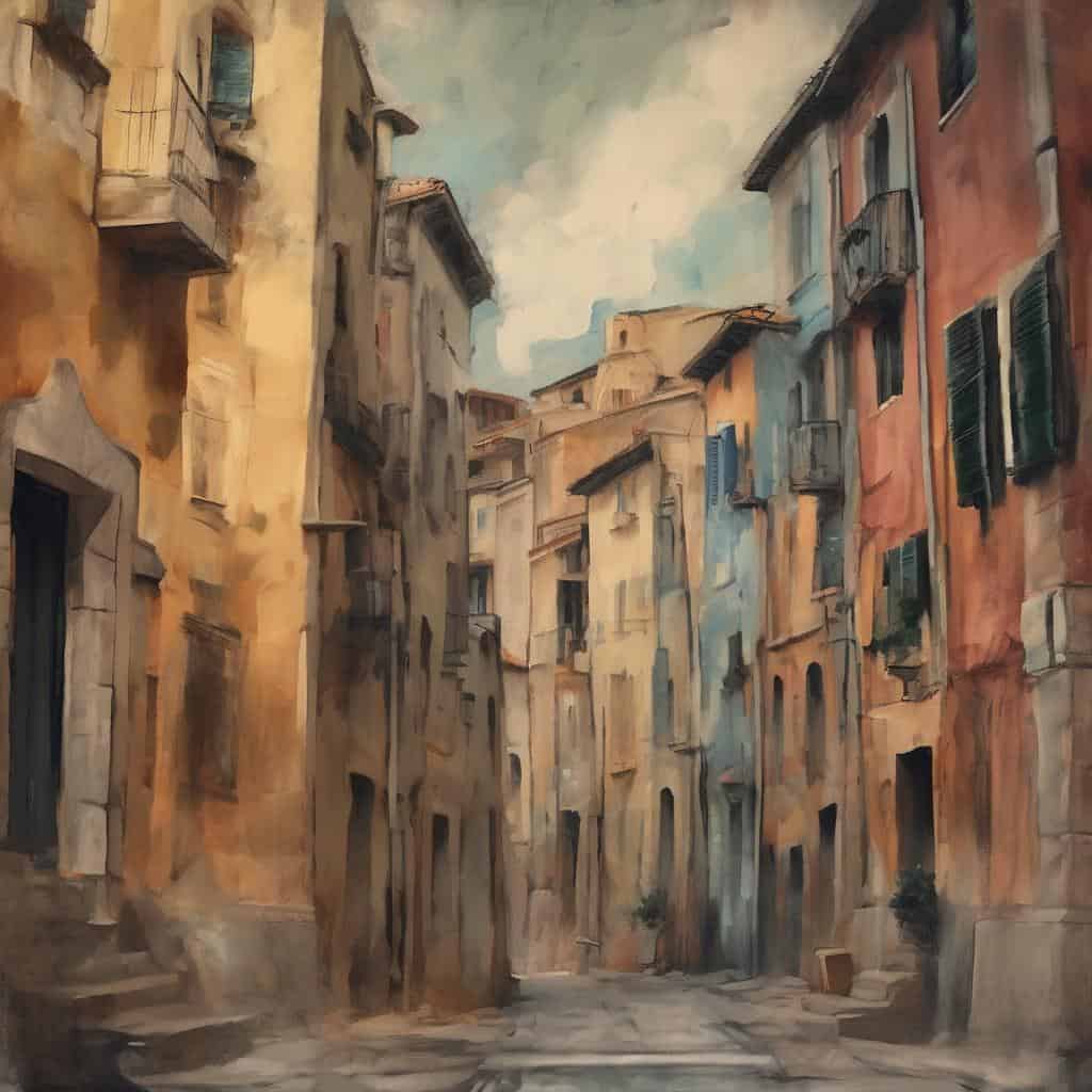 παραδοσιακή αστική εικόνα, οπτική ερμηνεία της πραγματικότητας, ζωγραφική πόλης, καλλιτεχνική αποτύπωση, ρεαλιστική απεικόνιση δρόμου.