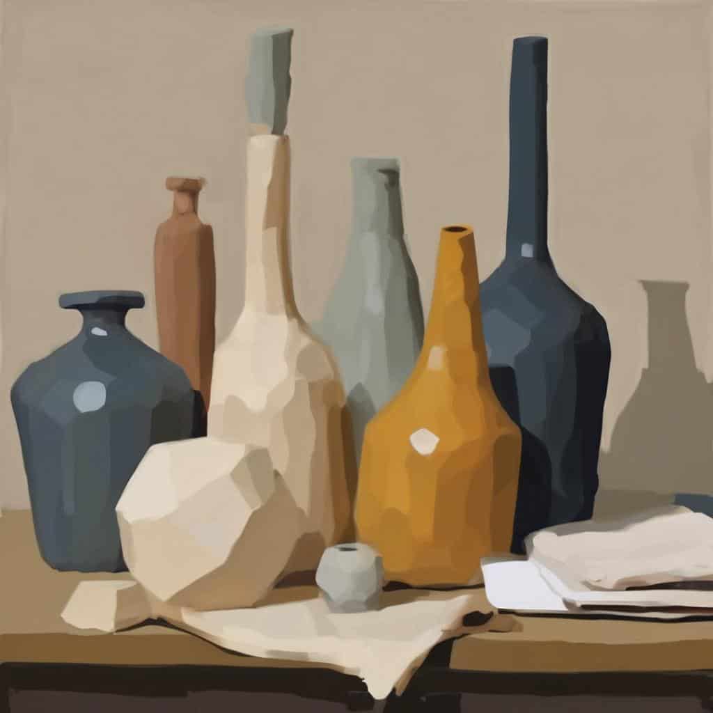 Χυλογραφία με πήλινα βάζα σε αφηρημένο στυλ.