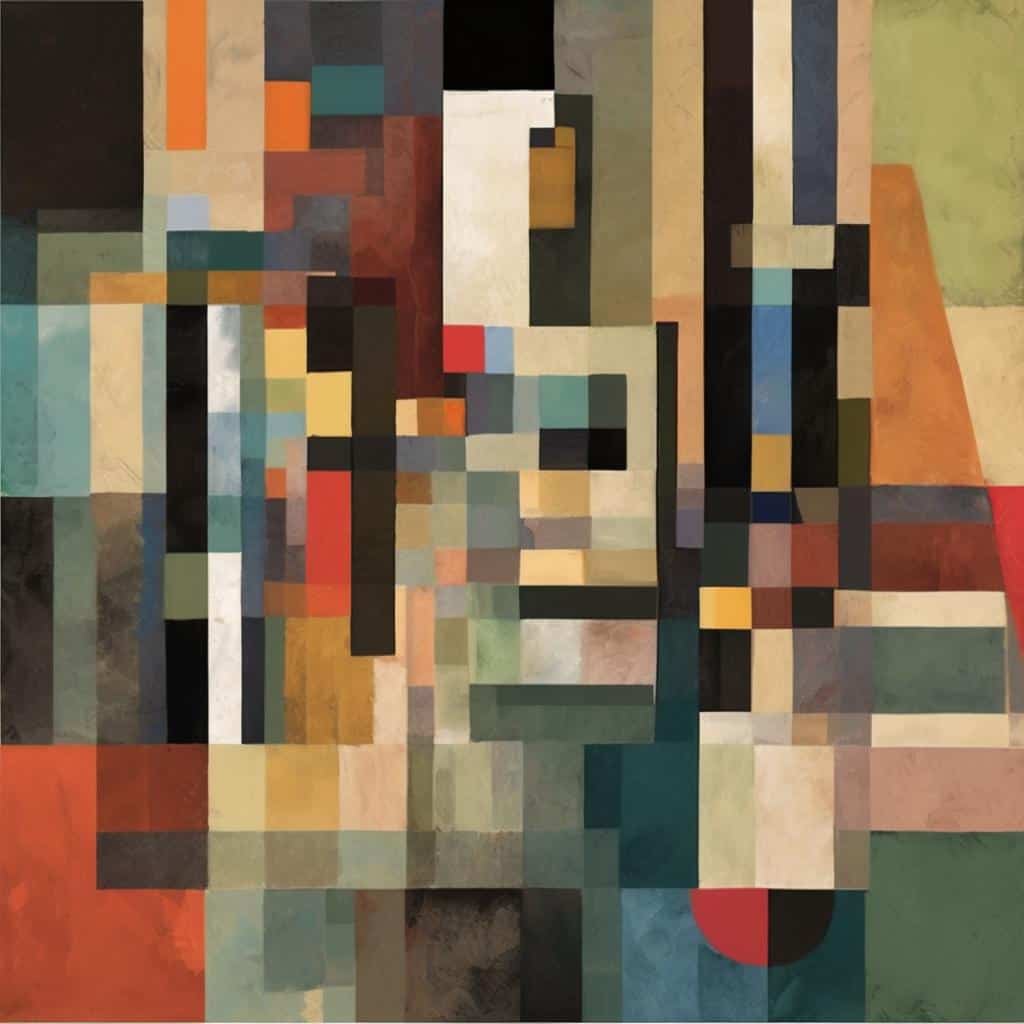 Συνθετική αφίσα με αφαιρετικά γεωμετρικά σχήματα και χρώματα, αποκαλύπτοντας οπτική ερμηνεία της πραγματικότητας.