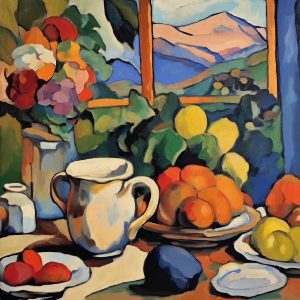 Λουλούδια, φρούτα και πίνακας σε καταλανική στυλ, τέχνη και οπτική ερμηνεία της πραγματικότητας.